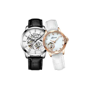 AILANG Automatic Mechanical Movement Genuine Leather Strap Watch Unisex White Dial