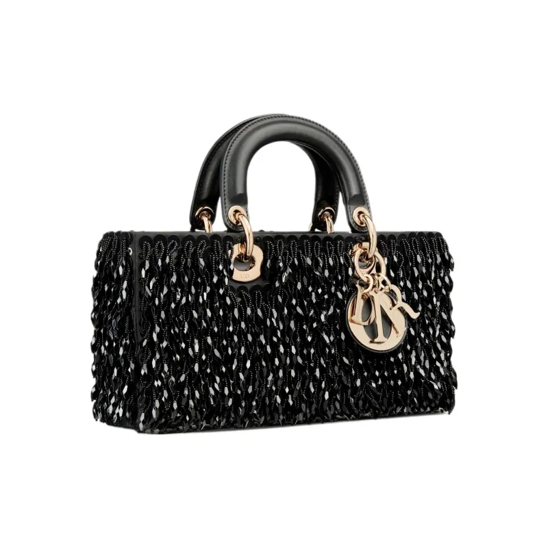 DIOR Lady D-JOY Glass Beads Shoulder Bag Crossbody Bag Handbag Medium Size Women's Black-3