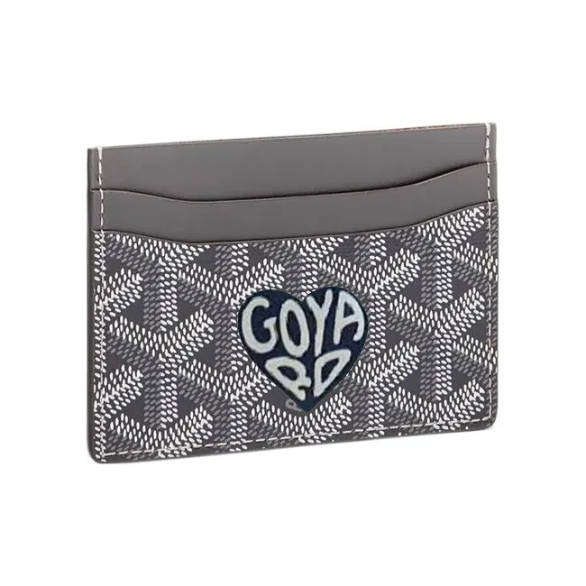 GOYARD Saint-Sulpice Canvas With Leather Dog's Teeth Card Clip Card Holder Unisex Gray With Dark Blue Heart Design-0