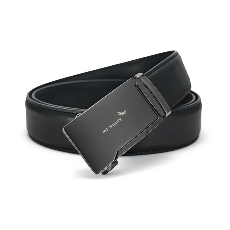 RED DRAGONFLY Business Casual Top Grain Cow Leather Adjustable Automatic Buckle Belt Men's Black Width 3.5cm-1
