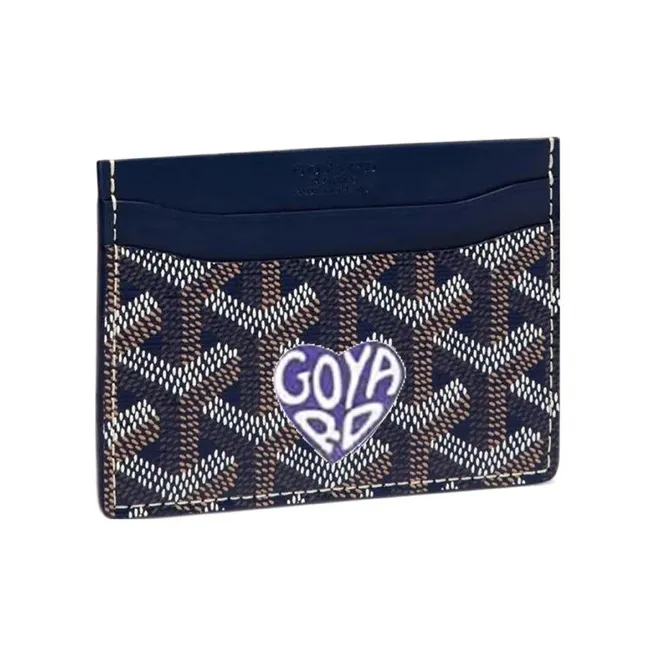 GOYARD Saint-Sulpice Canvas With Leather Dog's Teeth Card Clip Card Holder Unisex Navy Blue Spell Purple Small Hearts-0