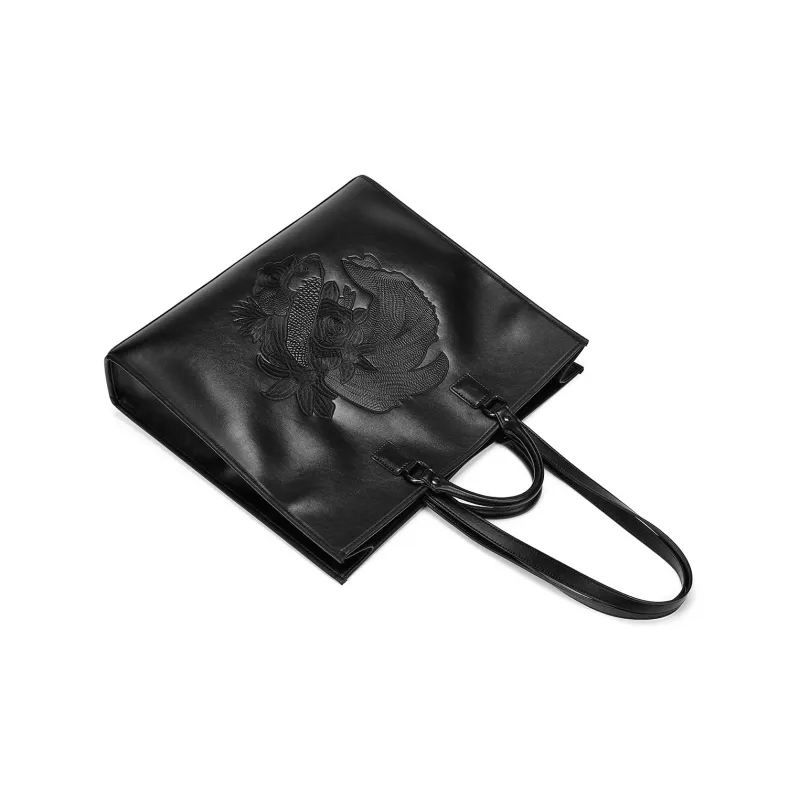 Yawei Kuroda PU Tote Handbag Shoulder Bag Large Size Unisex Black-4