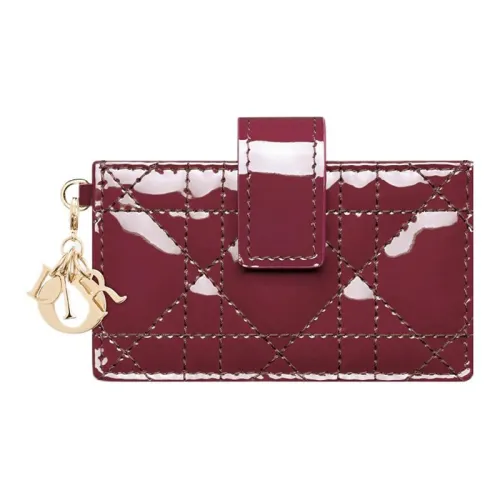 DIOR Patent Leather Calfskin Card Holder Women's Dark Purple Red