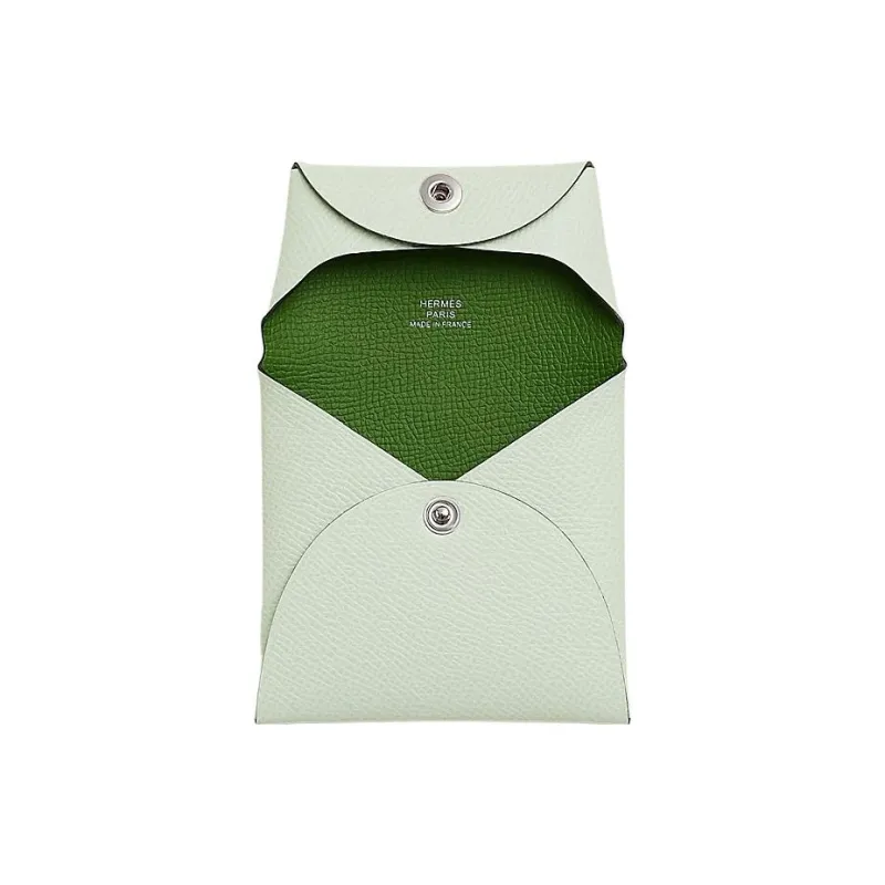 HERMES Bastia Epsom Calfskin Coin Purses Wallets Women's Light Green With Dark Green Accents-1