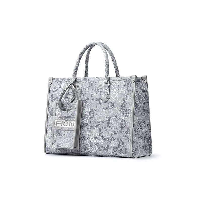 FION Clever Brocade Series Textile Cow Leather Shoulder Bag Combo Bag Tote Women's Light Gray-2