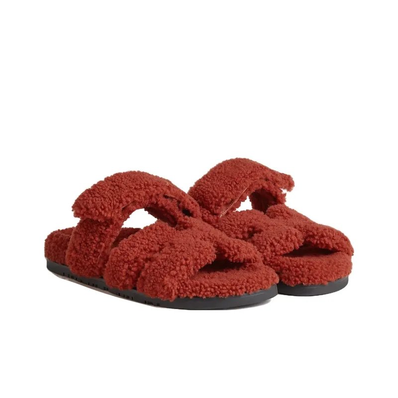 HERMES Chypre Slide Slippers Women's Red-1