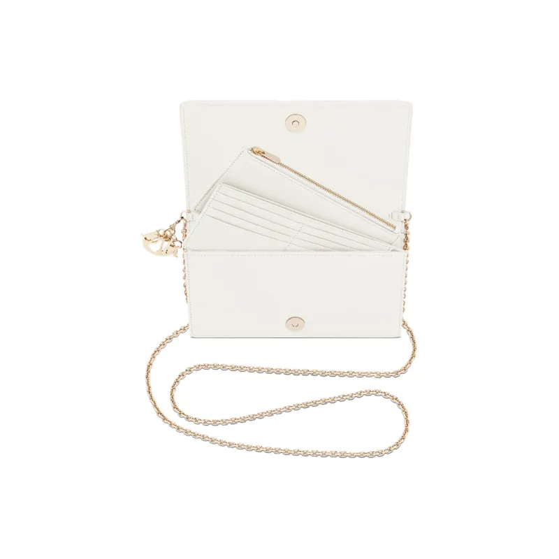 DIOR Lady Dior Wicker Pattern Lambskin One Shoulder Crossbody Clutch Women's White-2