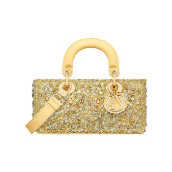 DIOR Lady D-JOY Rhinestone Embroidered Velvet Fabric Shoulder Bag Crossbody Bag Handbag Small Size Women's Light Yellow
