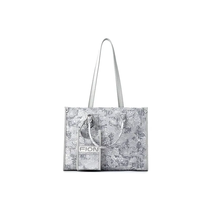 FION Clever Brocade Series Textile Cow Leather Shoulder Bag Combo Bag Tote Women's Light Gray-4