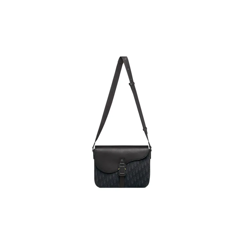 DIOR Oblique Printed Fabric Grain Embossed Cow Leather Saddle Messenger Bag Shoulder Bag Crossbody Bag Men's Black-3