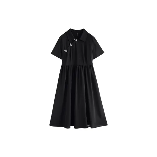 Initial language Short-Sleeved Dresses Women's Black