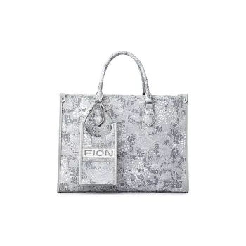 FION Clever Brocade Series Textile Cow Leather Shoulder Bag Combo Bag Tote Women's Light Gray