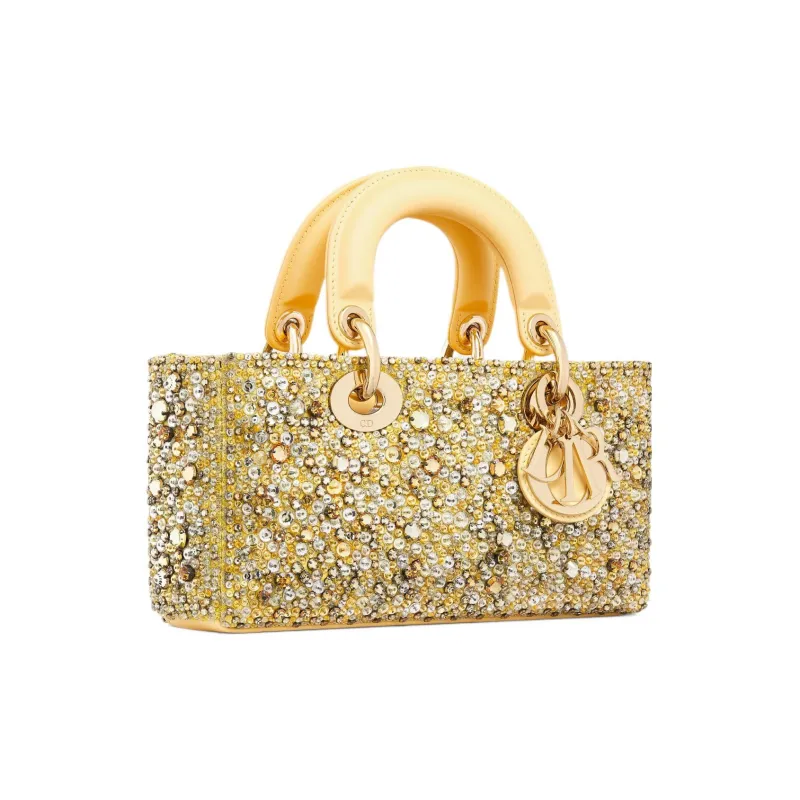 DIOR Lady D-JOY Rhinestone Embroidered Velvet Fabric Shoulder Bag Crossbody Bag Handbag Small Size Women's Light Yellow-1