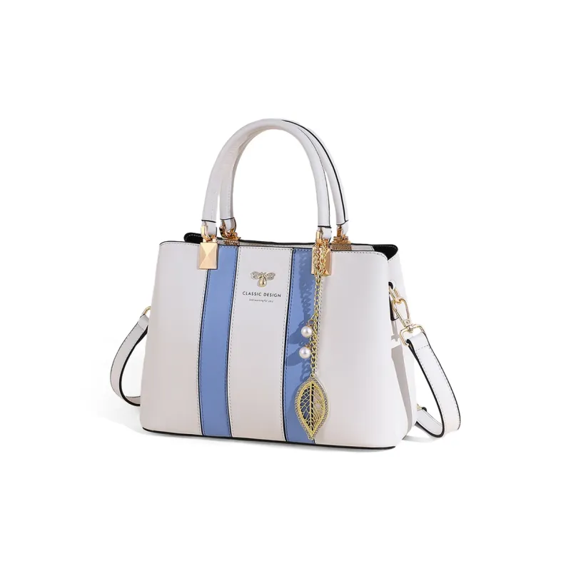 COMELY Cow Leather Patchwork Synthetic Leather Tote Handbag Shoulder Bag Crossbody Bag Large Size Women's Blue & White-1