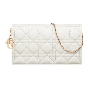 DIOR Lady Dior Wicker Pattern Lambskin One Shoulder Crossbody Clutch Women's White