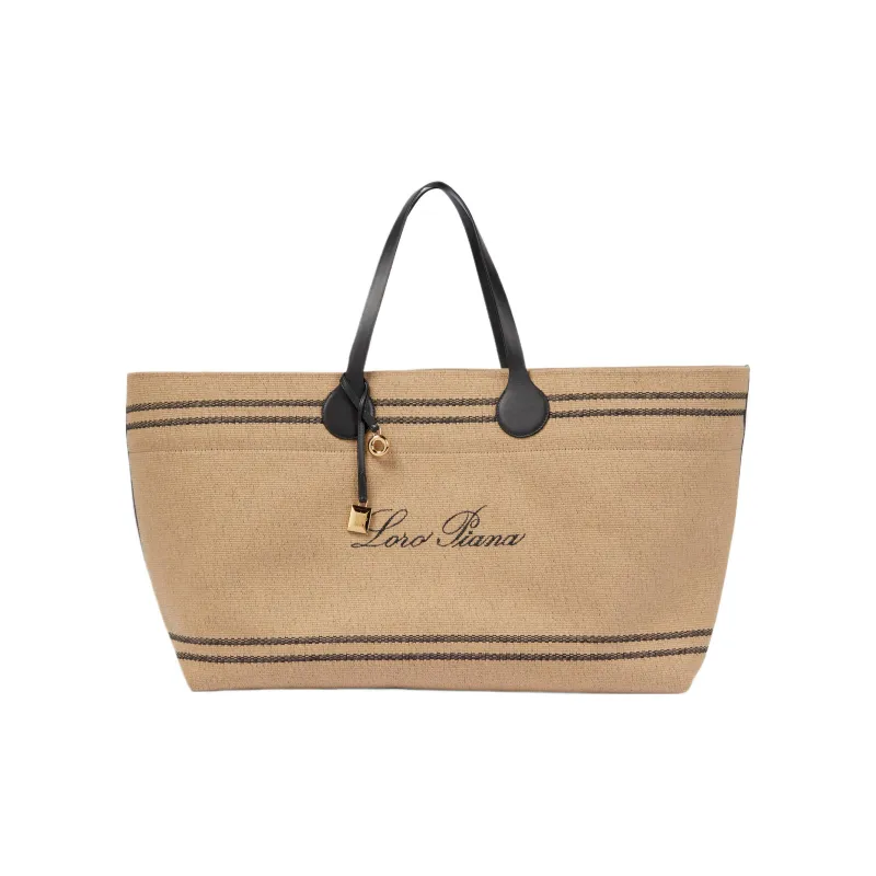 Loro Piana Cotton Blend Canvas Canvas Bag Tote Bag Shopping Bag Handbag Extra Large Women's Beige & Black-0