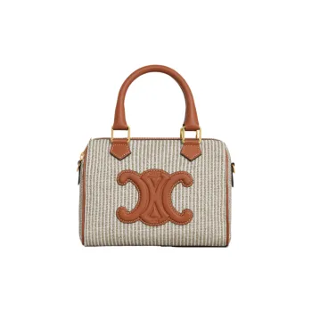 CELINE Stripes Fabric With Calfskin Shoulder Bag Crossbody Bag Handbag Small Size Women's Light Brown