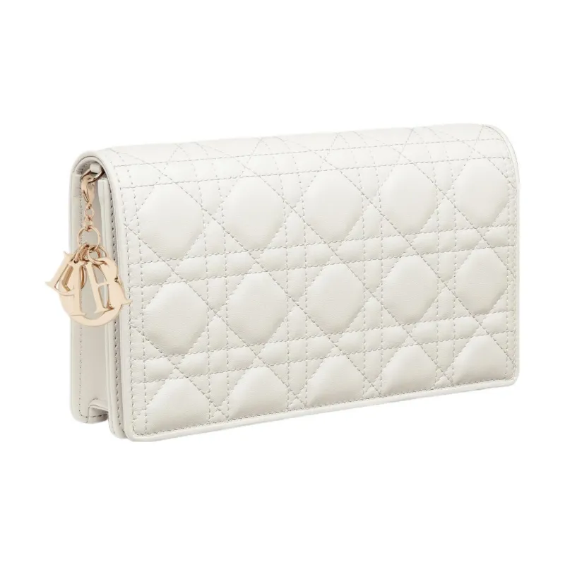 DIOR Lady Dior Wicker Pattern Lambskin One Shoulder Crossbody Clutch Women's White-1