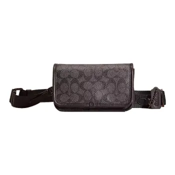 COACH Coated Canvas With Calfskin Cell Phone Pouch, Fanny Pack, Shoulder Bag, Crossbody Bag Trumpets Unisex Charcoal