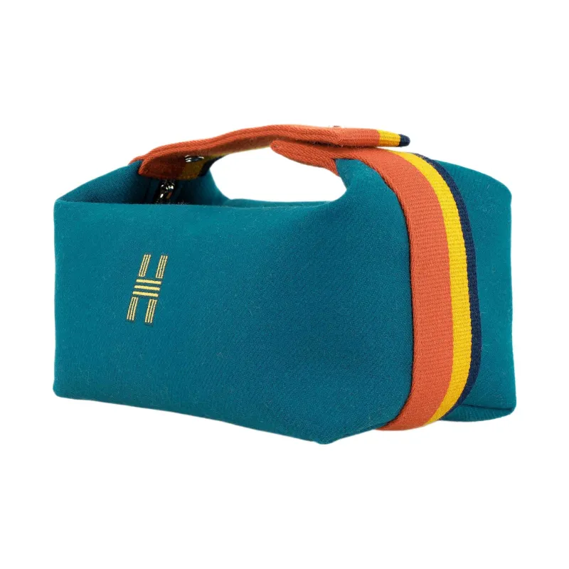HERMES Bride-a-Brac Fabric Surface Travel Storage Bag Handbag Toiletry Bag Small Size Unisex Blue-2