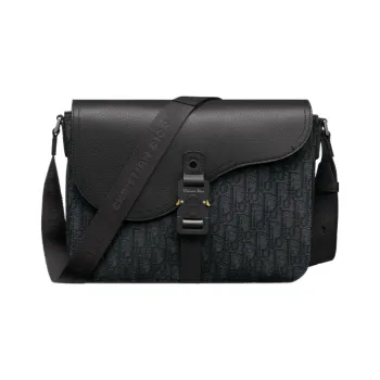 DIOR Oblique Printed Fabric Grain Embossed Cow Leather Saddle Messenger Bag Shoulder Bag Crossbody Bag Men's Black