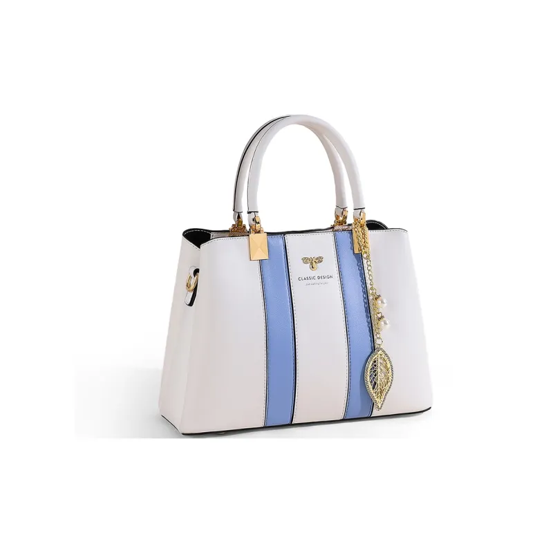 COMELY Cow Leather Patchwork Synthetic Leather Tote Handbag Shoulder Bag Crossbody Bag Large Size Women's Blue & White-3