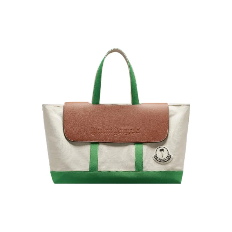 Moncler PALM ANGELS Collaboration Canvas Tote Bag, Shopping Bag, Shoulder Bag, Handbag Unisex White & Green-0
