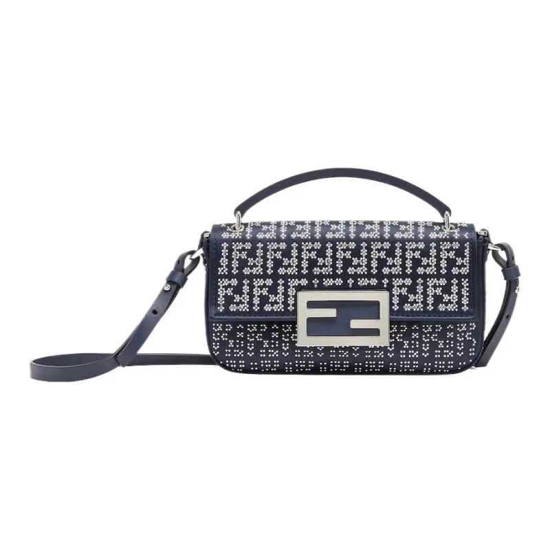 FENDI Baguette Crystal Satin One Shoulder Crossbody Cell Phone Pouch Women's Midnight Blue-0