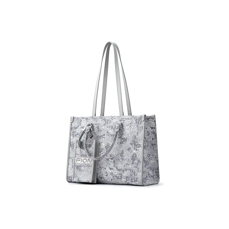 FION Clever Brocade Series Textile Cow Leather Shoulder Bag Combo Bag Tote Women's Light Gray-3