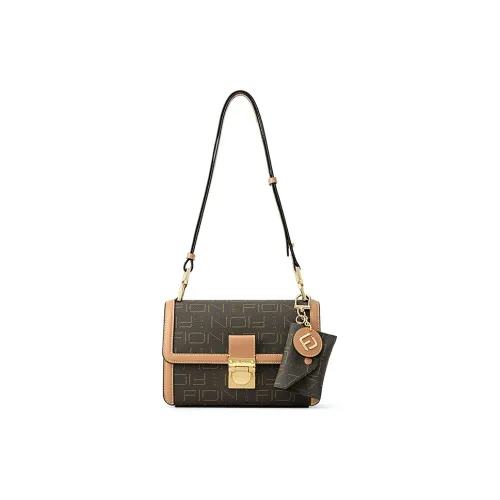 FION Artificial Leather With Cow Leather Accents Shoulder Bag Medium Size Women's Coffee/Camel
