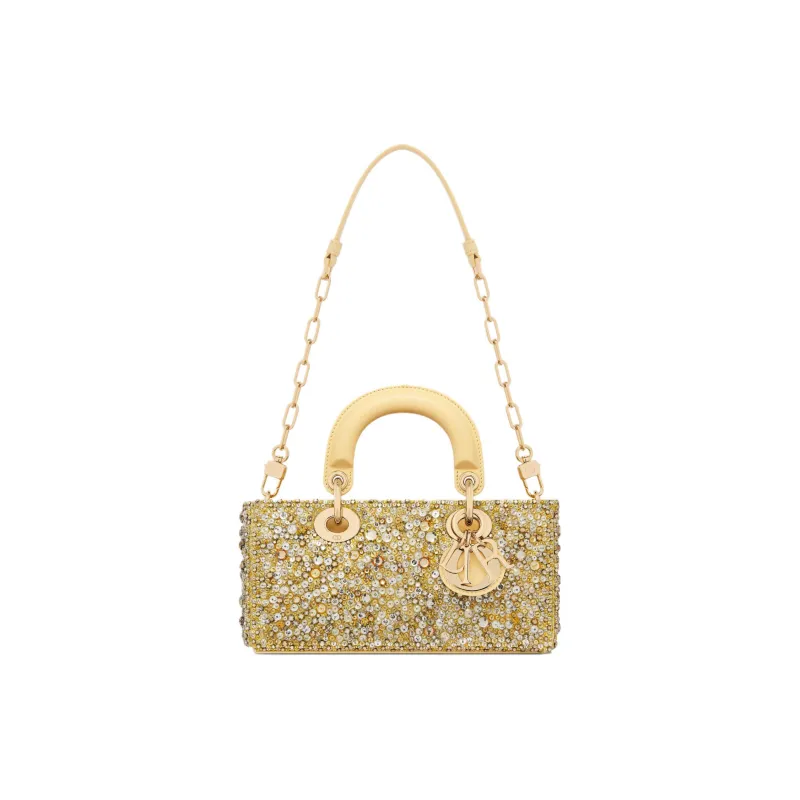 DIOR Lady D-JOY Rhinestone Embroidered Velvet Fabric Shoulder Bag Crossbody Bag Handbag Small Size Women's Light Yellow-4