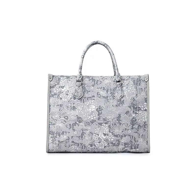 FION Clever Brocade Series Textile Cow Leather Shoulder Bag Combo Bag Tote Women's Light Gray-1