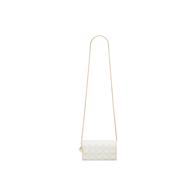 DIOR Lady Dior Wicker Pattern Lambskin One Shoulder Crossbody Clutch Women's White-4