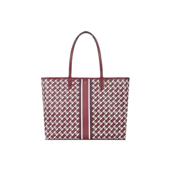 TORY BURCH Perry Cow Leather Coated Canvas Tote Bag Shopping Bag Shoulder Bags Women's Burgundy Multicolor