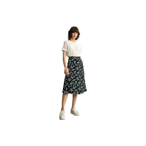 Famanxuan Casual Long Skirts Women's Black Background With White Flowers