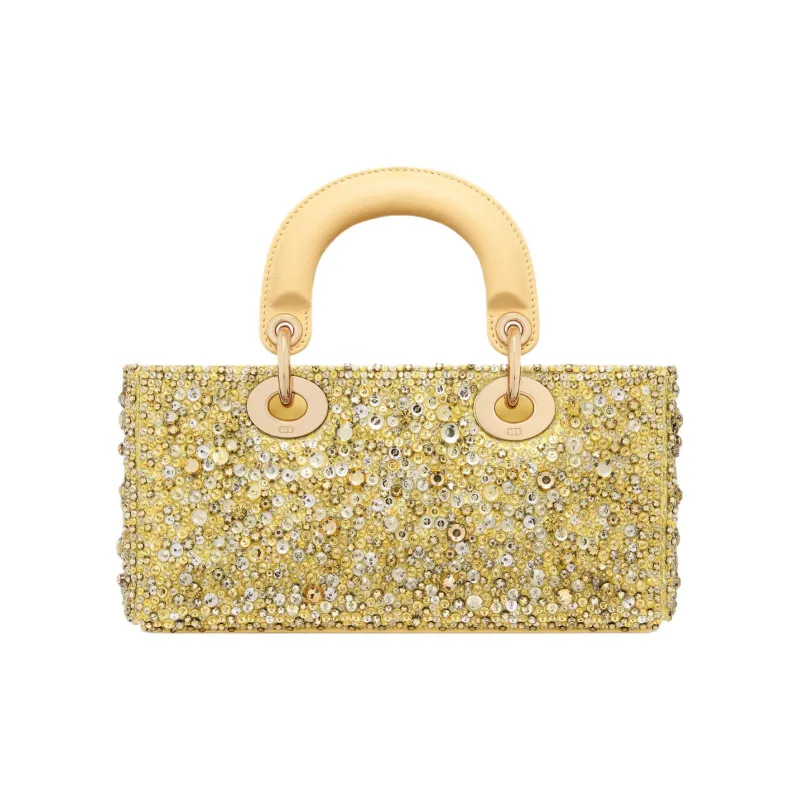 DIOR Lady D-JOY Rhinestone Embroidered Velvet Fabric Shoulder Bag Crossbody Bag Handbag Small Size Women's Light Yellow-2