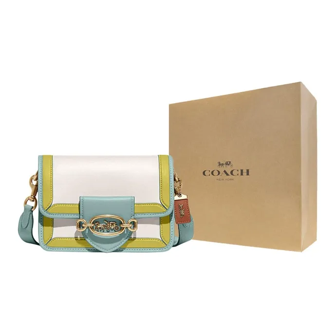 COACH Hero Cow Leather Small Square Bag Shoulder Bag, Crossbody Bag Women's White & Lake Aqua Green-5