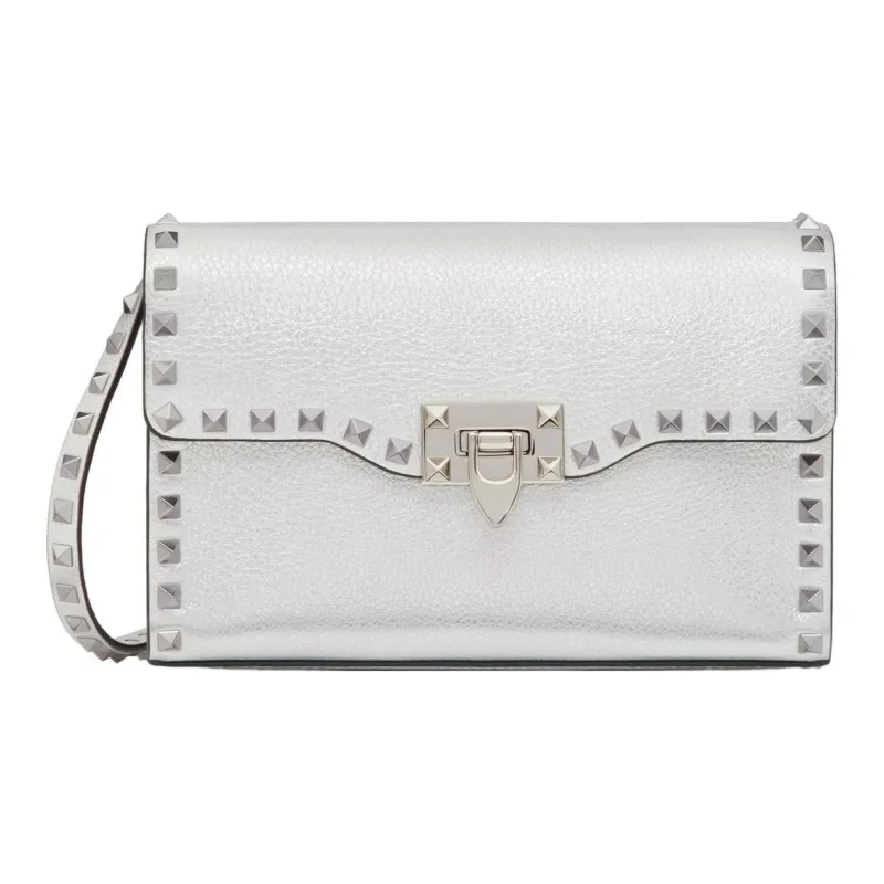 Valentino Rockstud Grain Calfskin Shoulder Bag, Crossbody Bag Trumpets Women's Silver-0