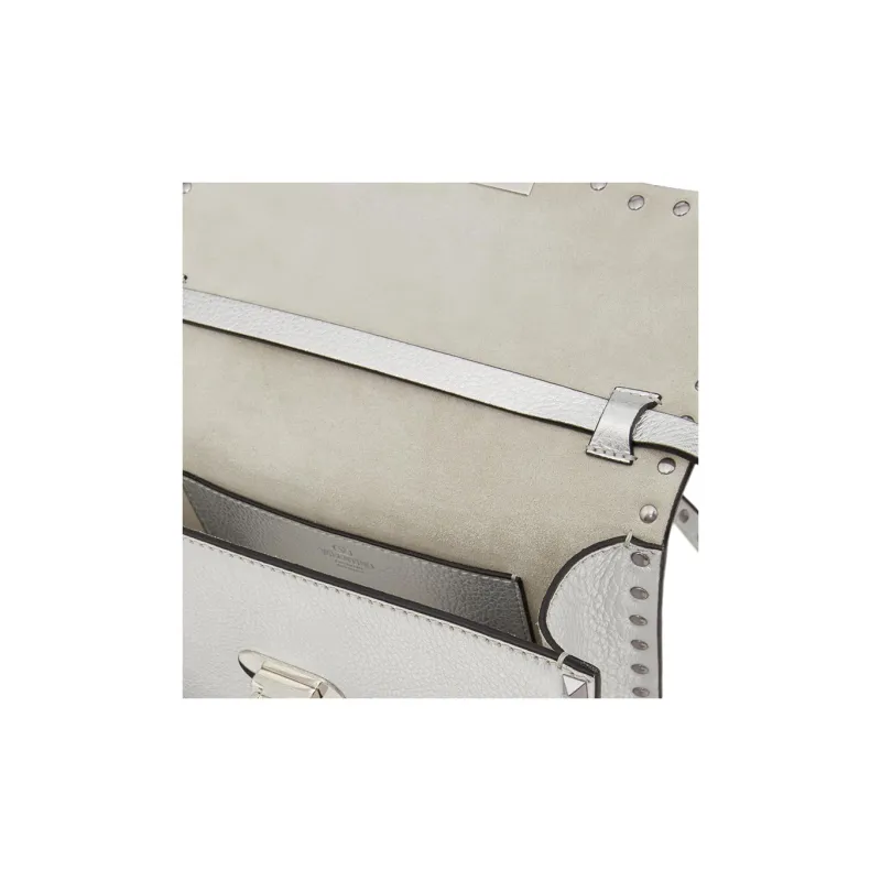 Valentino Rockstud Grain Calfskin Shoulder Bag, Crossbody Bag Trumpets Women's Silver-5