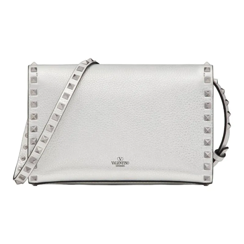 Valentino Rockstud Grain Calfskin Shoulder Bag, Crossbody Bag Trumpets Women's Silver-2