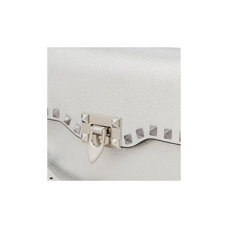 Valentino Rockstud Grain Calfskin Shoulder Bag, Crossbody Bag Trumpets Women's Silver-6
