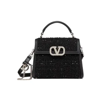 Valentino VSLING Tweed Shoulder Bag Crossbody Bag Handbag Mini Women's Black With Crystal