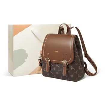 15 MINS PVC Synthetic Leather Monogram Backpack Large Size Women's Coffee