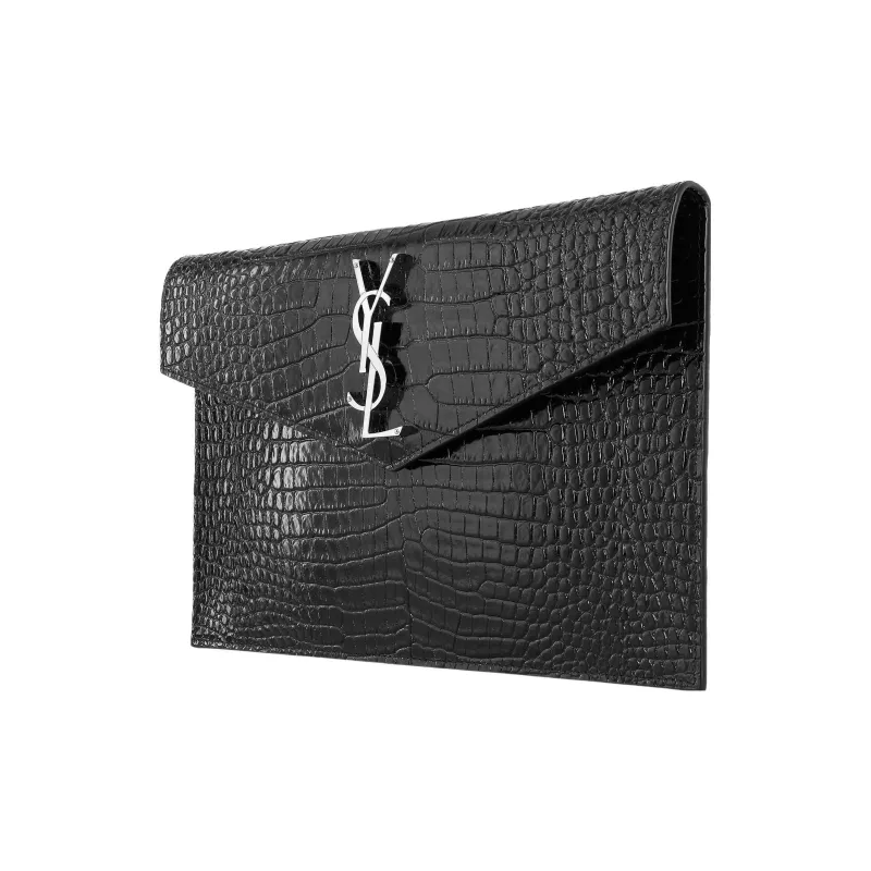 SAINT LAURENT Uptown Pouch Shiny Crocodile Look Leather Black-1
