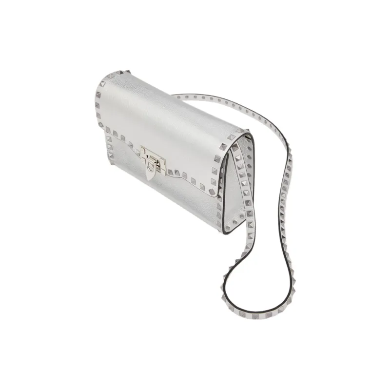 Valentino Rockstud Grain Calfskin Shoulder Bag, Crossbody Bag Trumpets Women's Silver-4
