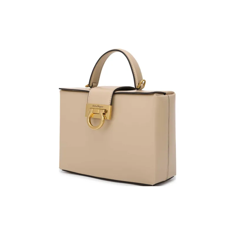 FERRAGAMO Trifolio Cow Leather Small Square Bag, Shoulder Bag, Crossbody Bag, Handbag Women's Beige-2