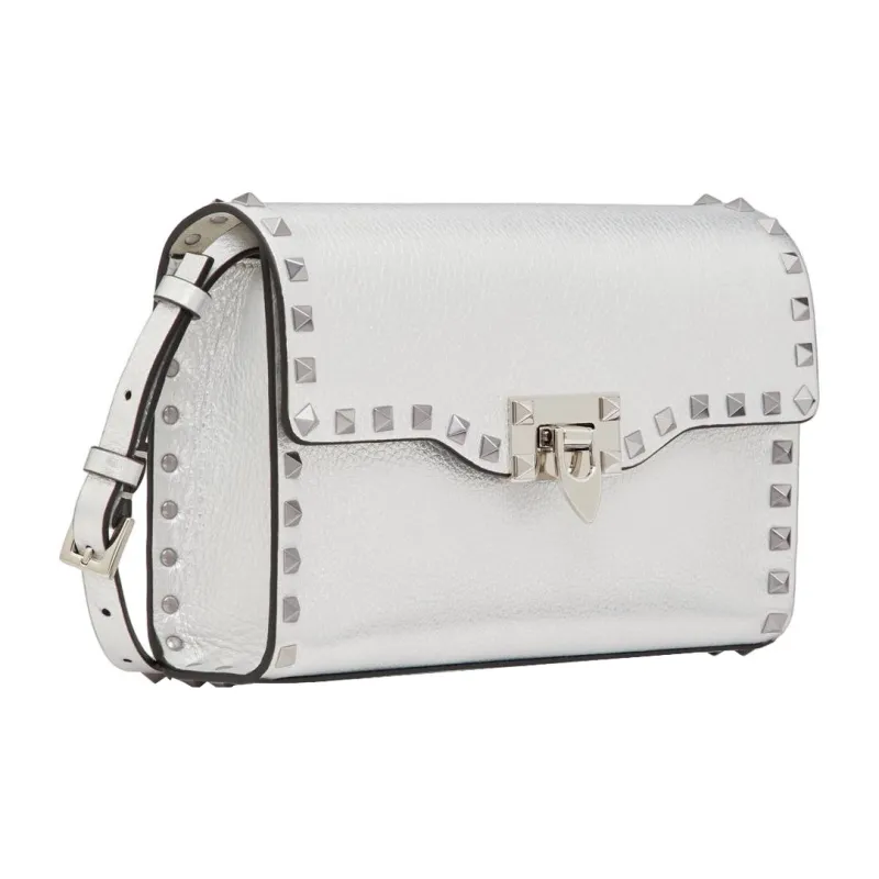 Valentino Rockstud Grain Calfskin Shoulder Bag, Crossbody Bag Trumpets Women's Silver-3