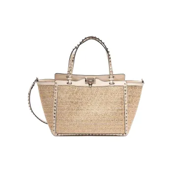 Valentino Rockstud Calfskin Tote Bag Shopping Bag Shoulder Bag Crossbody Bag Handbag Medium Size Women's Light Brown