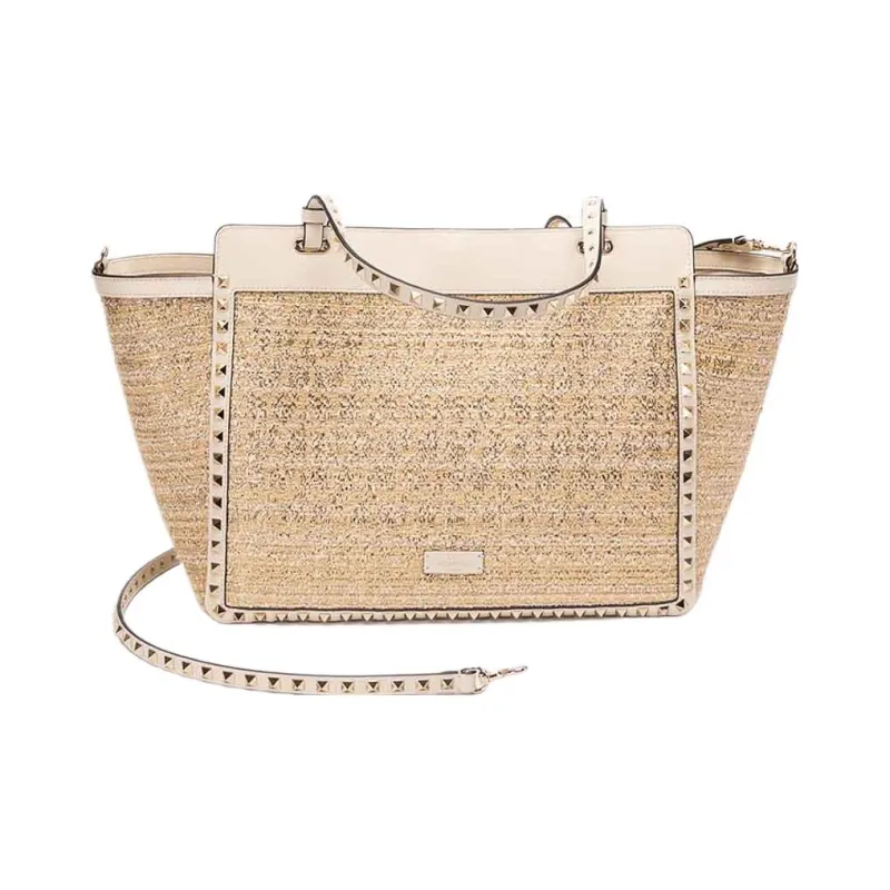 Valentino Rockstud Calfskin Tote Bag Shopping Bag Shoulder Bag Crossbody Bag Handbag Medium Size Women's Light Brown-1