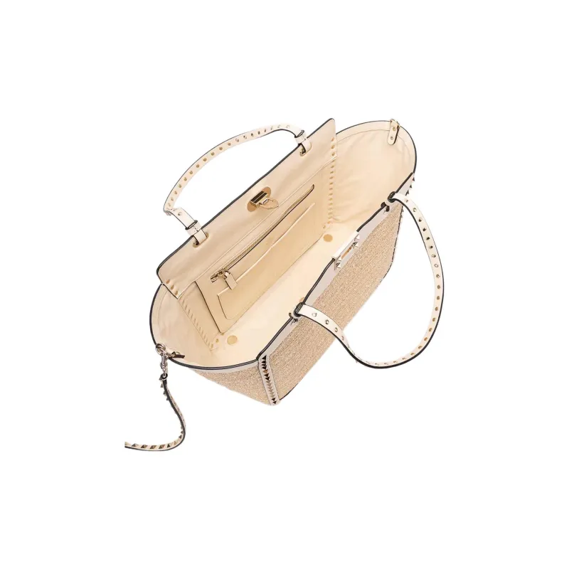 Valentino Rockstud Calfskin Tote Bag Shopping Bag Shoulder Bag Crossbody Bag Handbag Medium Size Women's Light Brown-3